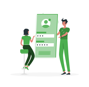 Illustration of people interacting with a large mobile phone screen