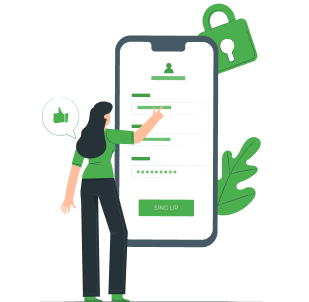 Illustration of a person interacting with a mobile login screen with a large lock icon