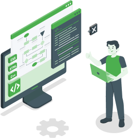 Illustration of a person with a computer screen showing charts